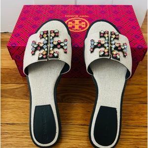 Like NEW Tory Burch jeweled sandals. Textile / leather slides.